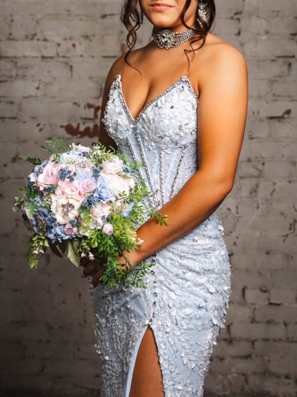 Portia & Scarlett formal baby blue with lace, beading with Thigh Split